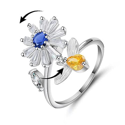 COLORFUL BLING Fidget Sunflower Evil Eye Daisy Spinner Stackable Rings Bee Butterfly Adjustable Open Rotatable CZ Cubic Zirconia Anti Stress for Women Wedding Jewelry - style: Bee