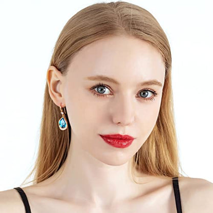 Austrian Crystal Halo Teardrop Hollow Drop Dangle Earrings for Women 14K Rose Gold Plated Hypoallergenic Jewelry Gifts - color: Bermuda Blue
