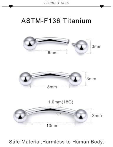 20G 18G 16G 14G 12G 8G 6G 4G 2G Astm F136 Titanium Internal Thread Eyebrow Piercing Jewelry Curved Barbell Vertical Labret Lip Daith Rook Earrings Navel Belly Button Ring Piercing Jewelry - style: 18G, 6mm 8mm 10mm Length, Ball