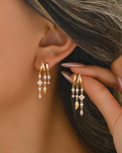 Dangle Gold Earrings for Women Trendy Triple Huggie Chain Earrings 14K Gold Plated Statement Cute Drop Dangle Earrings Dainty Hypoallergenic Chunky Hoop Earrings Fun Earring Stacks Jewelry - color: E-Clover Leaf Earrings