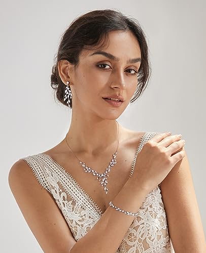 SWEETV Jewelry Set for Women, Cubic Zirconia Marquise Vine Cluster Bridal Earrings and Necklace Set, Bridal Jewelry Set for Wedding Prom - color: S11 Silver