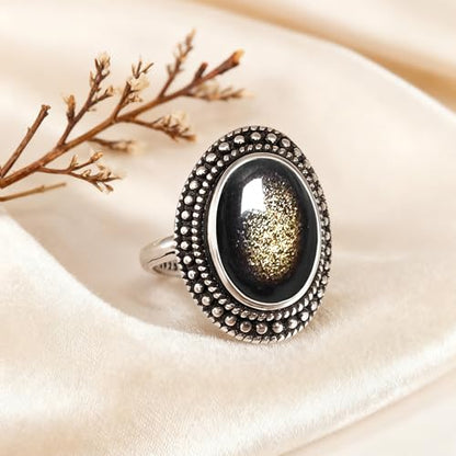 Retro Sterling Silver Stone Ring,Antique Natural Real Oval Crystal Quartz Gemstone Boho Bohemian Ring Jewelry for Women - color: A01_Black Obsidian