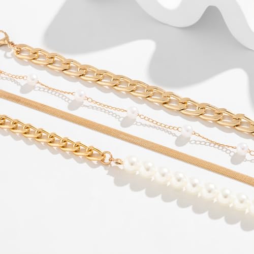 Gold Silver Beaded Pearl Bracelets Stacked for Women Coin Chain Accessories | Statement Stack OT Buckle Bracelet, Charm Stackable Pearls Coins Drop Paperclip Link, Fashion Layered Prom Party Jewelry Gift - color: Gold