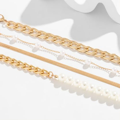 Gold Silver Beaded Pearl Bracelets Stacked for Women Coin Chain Accessories | Statement Stack OT Buckle Bracelet, Charm Stackable Pearls Coins Drop Paperclip Link, Fashion Layered Prom Party Jewelry Gift - color: Gold
