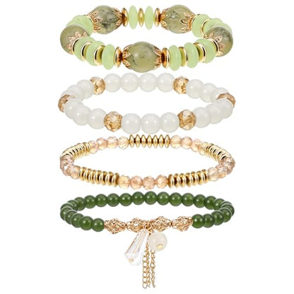 Ouligay 4PCS Green Bracelets for Women Boho Beaded Bracelets Set Crystal Bracelets Stackable Summer Jewelry Bracelets Beach Vacation Gifts