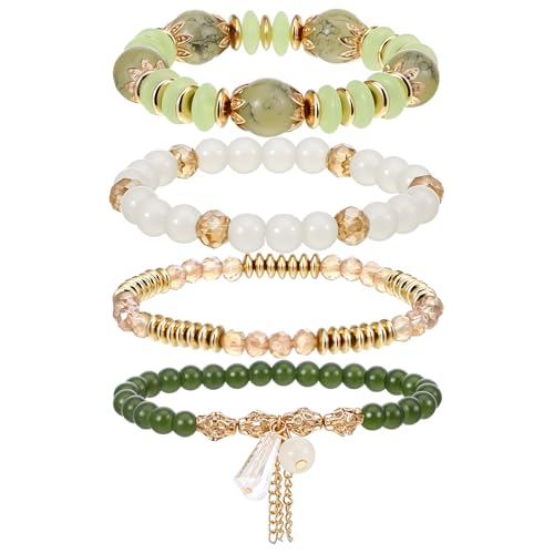 Ouligay 4PCS Green Bracelets for Women Boho Beaded Bracelets Set Crystal Bracelets Stackable Summer Jewelry Bracelets Beach Vacation Gifts