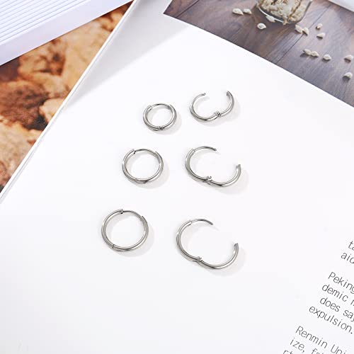 Osayia 316L Surgical Stainless Steel Small Hoop Earrings 8mm 10mm 12mm Hypoallergenic Huggie Thin Hoop Earrings Helix Lobes Hinged Sleeper Earrings Men Women for Cartilage Piercings - color: D: Silver (Diameter 8mm/10mm/12mm),3 Pairs