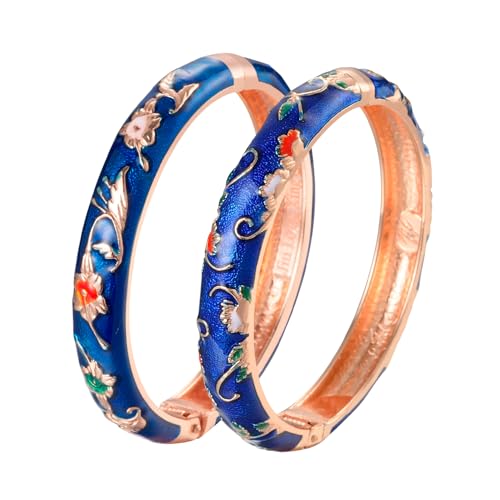 UJOY Cloisonne Bracelet Butterfly Hinge Indian Cuff Bangle Enameled Jewelry Flower Bracelets for Women Gift Box 55A114 - color: A81-Flower (2 Pcs Set)-Blue