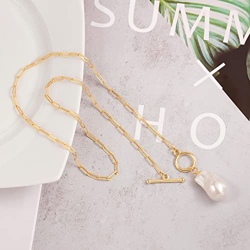 Aobei Pearl 18K Gold Plated Moon Star Lion Evil Eye Love Heart Cross Pendant Necklace Medallion Paperclip Chian Choker Layering Jewery for Women - color: White Baroque Pearl