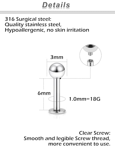 20G 18G 16G 14G 12G Lip Labret Monroe Medusa Nose Rings Stud 316L Surgical Steel Tragus Helix Cartilage Earring Tongue Cheek Piercing Jewelry Bars 6mm 8mm 10mm 12mm 14mm 16mm 19mm 18PCS - color: Silver, size: 18G - 6mm