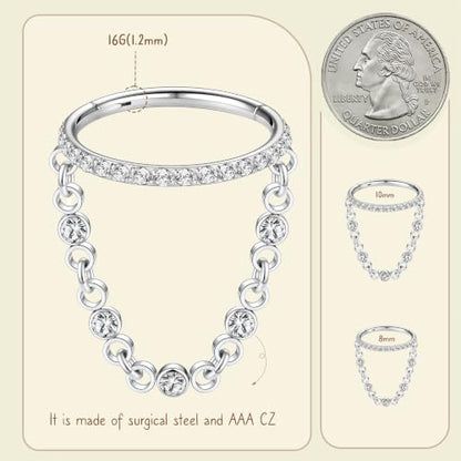 AROWRO Chain Septum Rings 316L Surgical Steel Septum Clicker Daith Piercing Jewelry Dangle Nose Rings for Women 16G 8/10mm Conch Cartilage Hoop Seamless Hinged Septum Jewelry with Clear CZ/Opal - color: Style-3-Silver chain&Clear CZ, size: 16G-8mm
