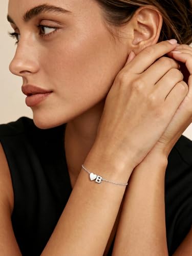 KeyStyle Initial Heart Bracelet for Women Waterproof Stainless Steel Chain | 14K Gold Plated /Silver A-Z Letter Adjustable Charm Bracelet, Hypoallergenic Non Tarnish Dainty Gift for Everyday Wear - color: Silver-B