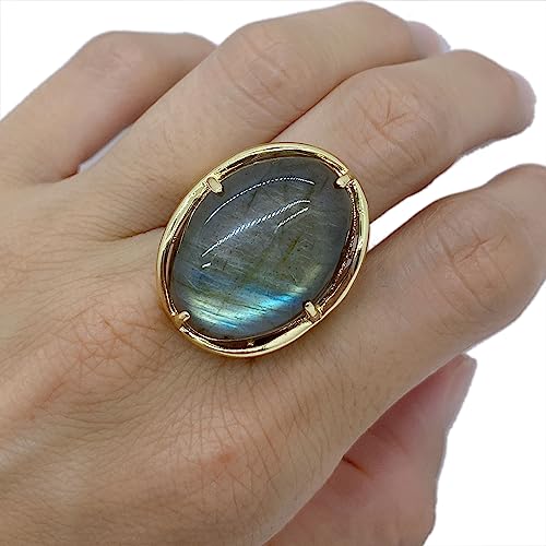 Natural Stone Adjustable Finger Rings Semi Precious Oval Shaped Gemstone Jewelry For Women Anniversary Birthday Wedding Gift - color: Grey Labradorite