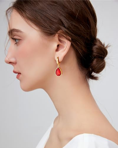 Crystals Teardrop Dangle Drop Earrings, 18K Gold Plated Hoop Earrings Zirconia Jewelry for Women Gifts - color: Red