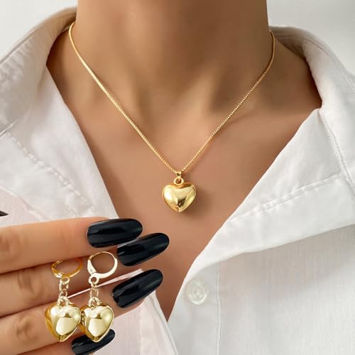 Tone Puffy Heart Pendant Necklace and Huggie Earrings Set, Minimalist Romantic Dainty Jewelry for Women - color: Golden