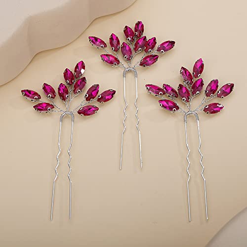 Teyglen 3pcs Bridal Crystal Hair Pins Rhinestones Hair Pieces Simple Crystal Wedding Hair Accessories Handmade Hair Pins for Women Bride(Rose Red) - color: Rose Red