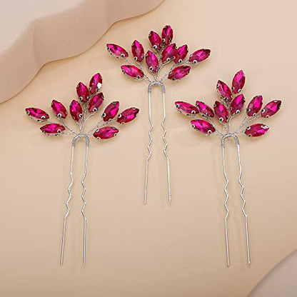 Teyglen 3pcs Bridal Crystal Hair Pins Rhinestones Hair Pieces Simple Crystal Wedding Hair Accessories Handmade Hair Pins for Women Bride(Rose Red) - color: Rose Red