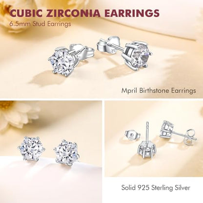 DAYBYDAY 925 Sterling Silver Birthstone Earrings for Women, Crystal Stud Earrings, 6.5mm Round Cut Solitaire Gemstone Earrings Birthday Jewelry - style: Round Cut-04. Apr/5a cubic zirconia