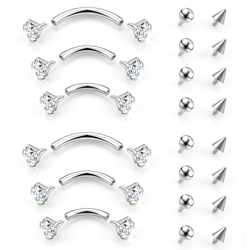 16G Eyebrow Piercing Jewelry Rook Earrings for Women Internal Thread Curved Barbell CZ Eyebrow Rings Vertical Labret Lip Jewelry Ear Rook Stud Small Tiny Belly Button Ring 6mm/8mm/10mm - color: Silver