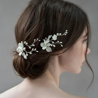 Handmade White 3D Pinch Flower Bridal Hair Pins Freshwater Pearls Wedding Bridal Hair Accessories for Bridesmaids Women and Girls