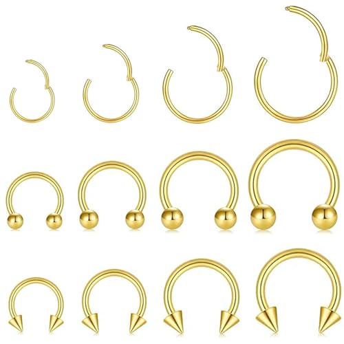KREZIP 12 PCS 16G Hinged Segment Septum Rings Surgical Steel Horseshoe Piercing Rings Eyebrow Lip Cartilage Helix Tragus Earrings Piercing Jewelry for Women Men 6/8/10/12MM Gold Plated/Silver - style: 16G 6/8/10/12mm-Gold