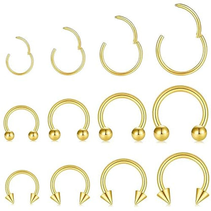 KREZIP 12 PCS 16G Hinged Segment Septum Rings Surgical Steel Horseshoe Piercing Rings Eyebrow Lip Cartilage Helix Tragus Earrings Piercing Jewelry for Women Men 6/8/10/12MM Gold Plated/Silver - style: 16G 6/8/10/12mm-Gold