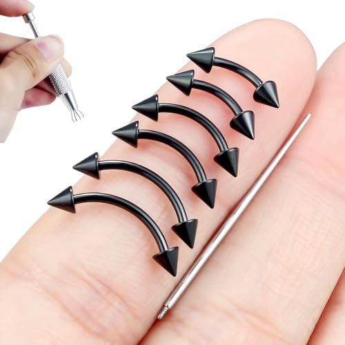 Internally Threaded Eyebrow Piercing Jewelry Surgical Steel Tiny Eyebrow Rings Vertical Labret Lip Jewelry Small Ear Rook Earring for Women Men 18g 16g 14g Plus Piercing Ball Grabber Tool - color: black, size: 18g,spike end