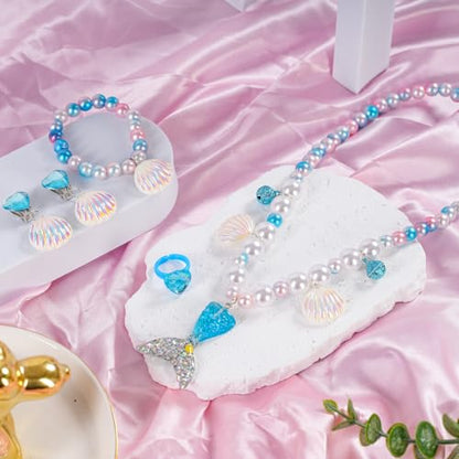Mermaid Necklace Bracelet Set Mermaid Jewelry Kit Included Shell Necklace Bracelet Ring Earrings Accessories - color: Purple+blue