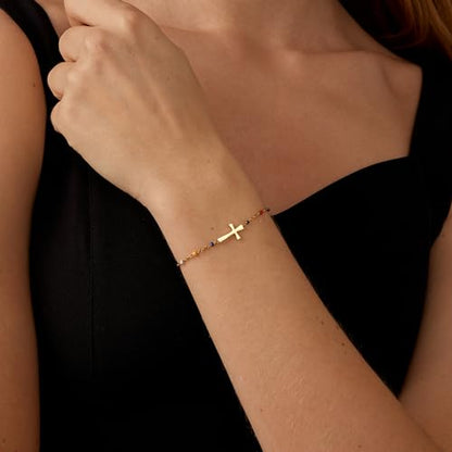 18K Gold Plated Pearl Beaded Cross Bracelets for Women Adjustable Stainless Steel Dainty Thin Gold Box Cuban Twisted Link Chain Bracelet Bridesmaid Jewelry Gifts - color: Colorful Cross-Gold