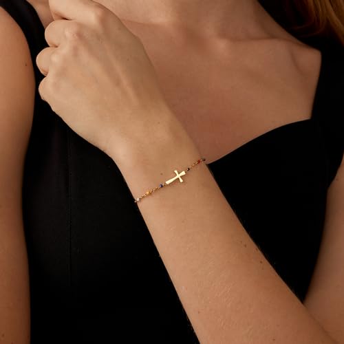 18K Gold Plated Pearl Beaded Cross Bracelets for Women Adjustable | Stainless Steel Dainty Thin Gold Box Cuban Twisted Link Chain Bracelet Bridesmaid Jewelry Gifts for Birthday, Anniversary - color: Colorful Cross-Gold