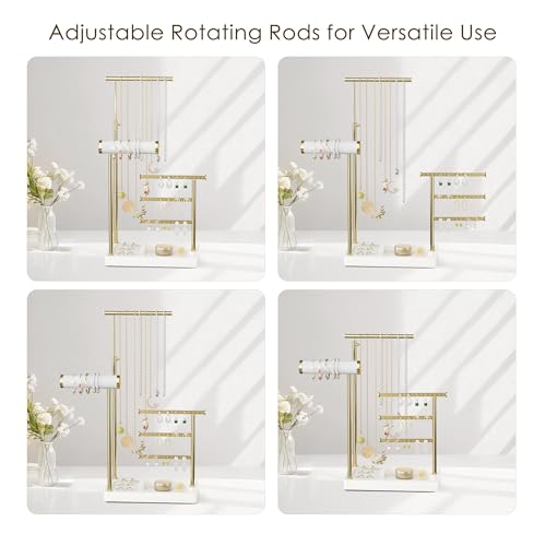 SZQINJI 5 Tier Jewelry Holder Organizer, Gold Necklace Stand Display, White | Velvet Bracelet Holder, Adjustable Height Jewelry Display for Necklaces, Bracelets, Earrings, Rings, Gift Idea for Women - color: White