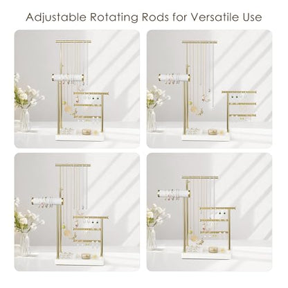 SZQINJI 5 Tier Jewelry Holder Organizer, Gold Necklace Stand Display, White | Velvet Bracelet Holder, Adjustable Height Jewelry Display for Necklaces, Bracelets, Earrings, Rings, Gift Idea for Women - color: White