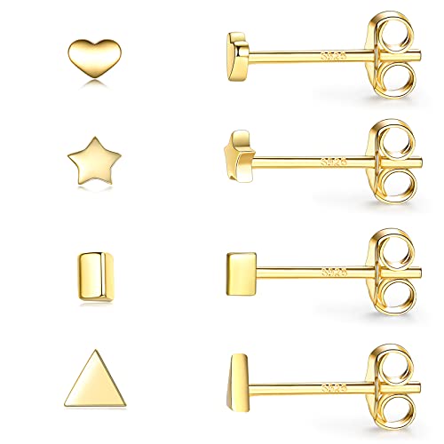 EPIRORA Sterling Silver Stud Earrings for Women Men- 4 Pairs of Hypoallergenic Simple Geometric Small Stud Earring Set Tiny Circle Triangle Square Bar Stud Earrings Mini Cartilage Tragus Earrings - style: Style 3- Gold