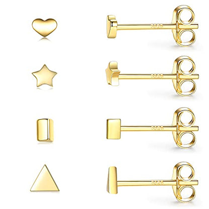EPIRORA Sterling Silver Stud Earrings for Women Men- 4 Pairs of Hypoallergenic Simple Geometric Small Stud Earring Set Tiny Circle Triangle Square Bar Stud Earrings Mini Cartilage Tragus Earrings - style: Style 3- Gold