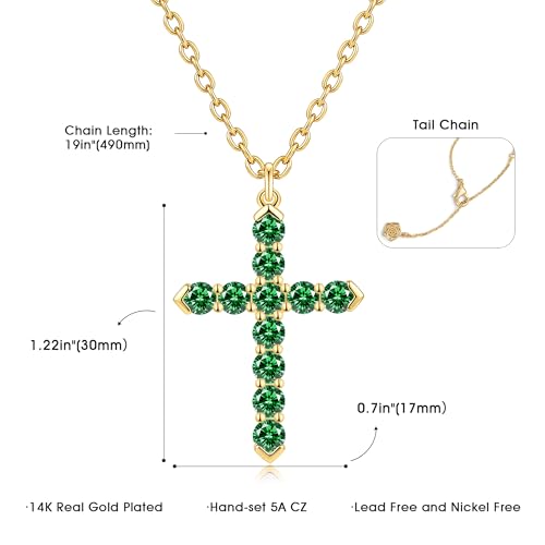 Cross Necklace for Women, Silver Cross Pendant Necklaces | 14K Gold Plated, Dainty CZ Cross Necklace, Non Tarnish and Hypoallergenic Jewelry for Women, Christian Religious Faith Gifts - color: A-Emerald Green-Gold