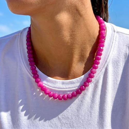 Gemstone Beaded Necklace for Women Colorful Natural Stone Freshwater Pearl Surfer Beach Rainbow Necklace Jewelry Gift - color: Rose Red