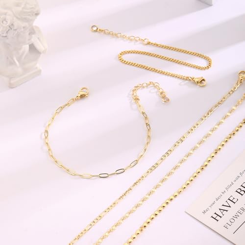 Cuzmly Bracelets for Women, Waterproof 14K Gold/Silver Plated Stackable Bracelets for Women Non Tarnish Trendy Dainty Paperclip Figaro Box Herringbone Hand Chain Bracelet Pack Stack Adjustable Jewelry for Women - style: 5 Dot