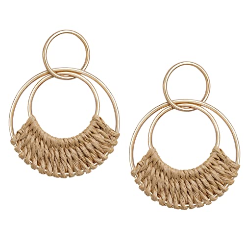 Raffia Hoop Earrings for Women Fun Boho Summer Beach Earrings Lightweight Handmade Straw Wicker Rattan Dangle Earrings Statement Geometric Round Drop Earrings - color: Brown - Round