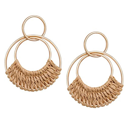 Raffia Hoop Earrings for Women Fun Boho Summer Beach Earrings Lightweight Handmade Straw Wicker Rattan Dangle Earrings Statement Geometric Round Drop Earrings - color: Brown - Round