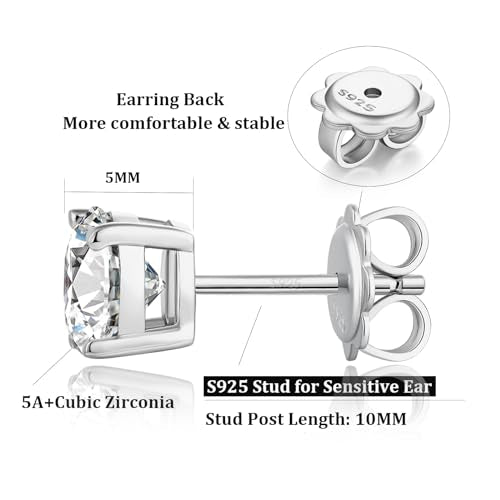 925 Sterling Silver Cubic Zirconia Stud Earrings for Women/Men Hypoallergenic Stud Earrings 4MM-8MM - style: A: Round Stud-Silver