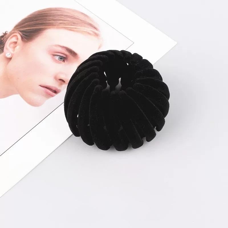 4Pcs Black Birds Nest Hair Clip Set for Women, Velvet Bird Nest Hair Clip Expandable Ponytail Holder, Lazy Bun Maker Hair Clips, Non Slip Bird Nest Plate Hairpins for Thick Thin Hair - color: 4 Black