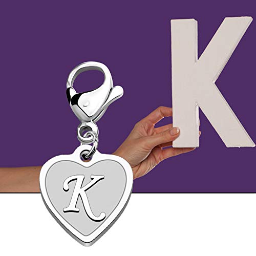 FAADBUK Initial Letter A-Z Alphabet Heart Charms for Jewelry Bracelet Keychain Necklace Initial Stainless steel Clasp Clip on Charm - color: intial K