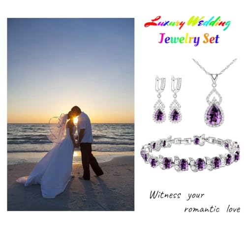 LMXXVJ Women Jewelry Set Platinum Plated Necklace Open Ring Earrings Bracelet Set,Birthday/Anniversary Mother’s Day Jewelry Gifts for Mom/Wife/Sister/Best Friend - color: White Gold-Purple-No Ring