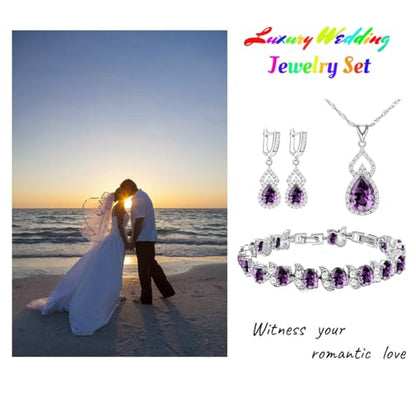 LMXXVJ Women Jewelry Set Platinum Plated Necklace Open Ring Earrings Bracelet Set,Birthday/Anniversary Mother’s Day Jewelry Gifts for Mom/Wife/Sister/Best Friend - color: White Gold-Purple-No Ring
