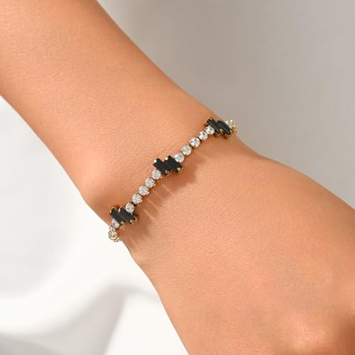 18K Gold Plated Cubic Zirconia Tennis Bracelet for Women Sparkling Stackable Stainless Steel Jewelry Hypoallergenic Tarnish Resistant Bridal Gift - color: Black Baguette CZ-Gold
