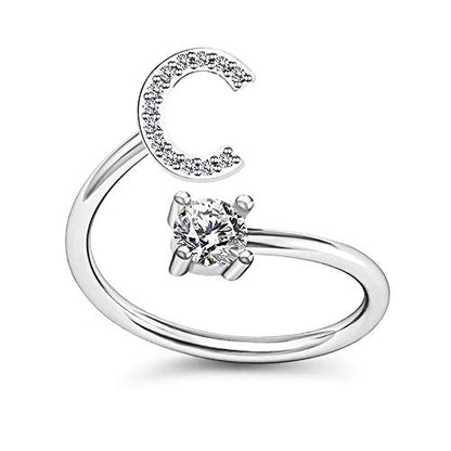 FUTIMELY Initial Letter Ring Alphabet Ring A-Z Silver Crystal Open Adjustable Personalized Initial Ring for Women - style: C