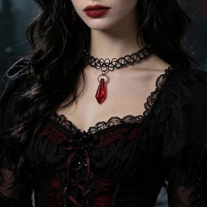 Vintage 90s Choker Red Crystal Gems Pendent Dripping Blood Necklace Black Tattoo Choker Necklace Vampire Accessories Halloween Jewelry Gift for Women