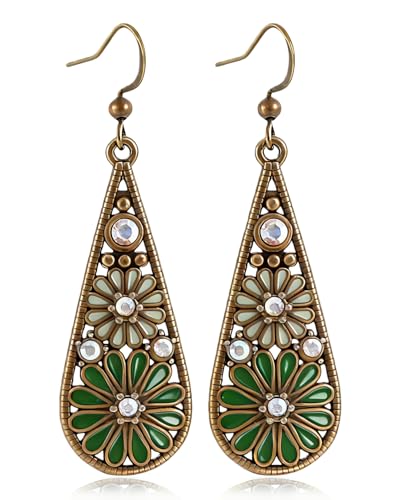 Bohemian Crystal Teardrop Dangle Earrings, Copper, Tribal Geometric Design, Handmade National Style for Women - color: Green
