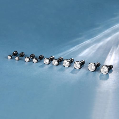 5 Pairs Screw Back Stud Earrings Set, Cubic Zirconia Stud Earring for Women Men Hypoallergenic 316L Surgical Stainless Steel Round Cut CZ 3-7mm - color: Black Gold Plated