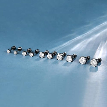5 Pairs Screw Back Stud Earrings Set, Cubic Zirconia Stud Earring for Women Men Hypoallergenic 316L Surgical Stainless Steel Round Cut CZ 3-7mm - color: Black Gold Plated
